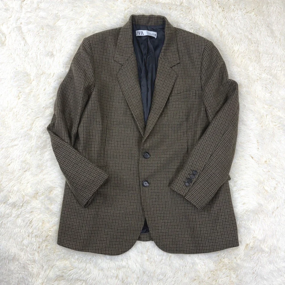 Zara Blazer Mens Large Brown Houndstooth Wool Blend Two Button Sport Coat